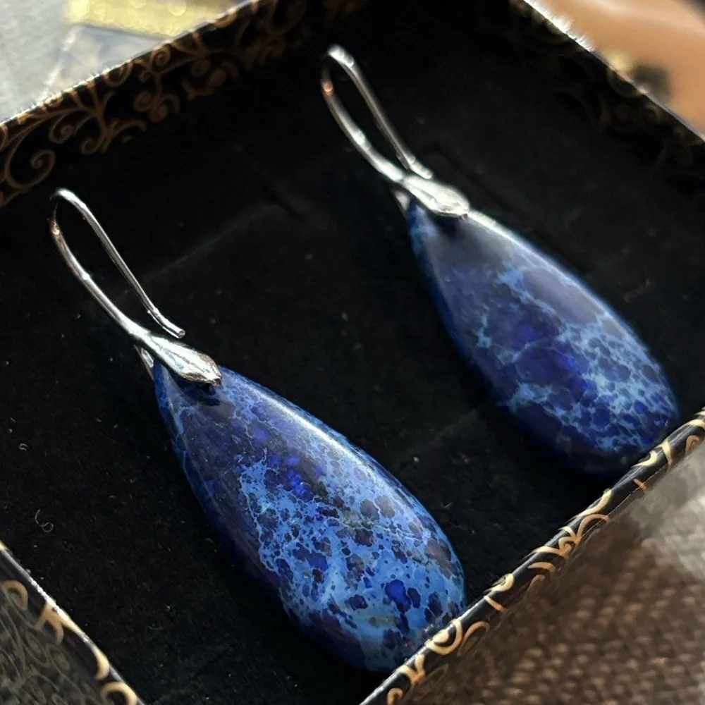 Blue Jasper Natural Gemstone Pendant Teardrop Earrings Silver Handmade Healing